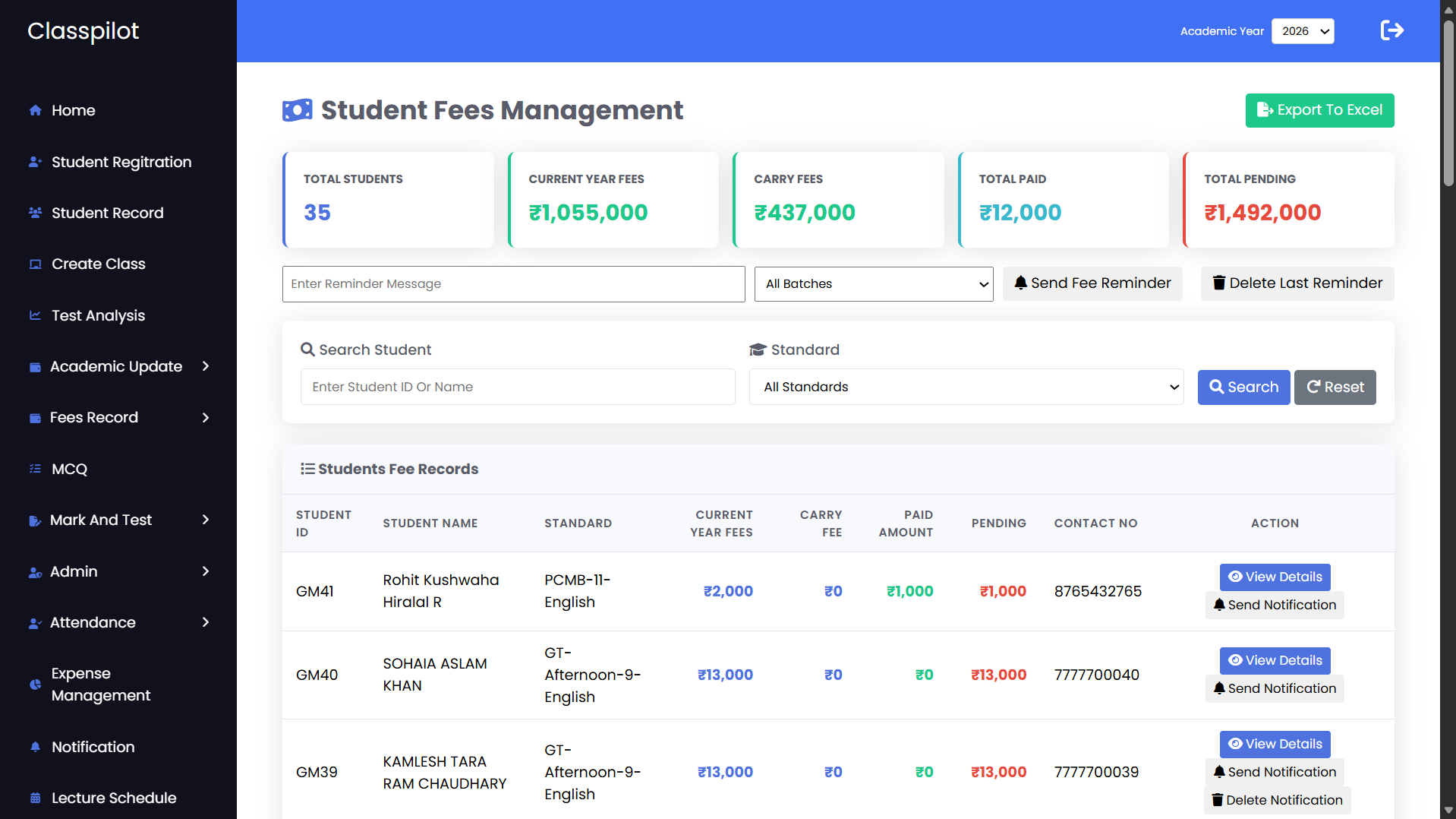 Coaching institute fee management dashboard with digital receipts and pending dues