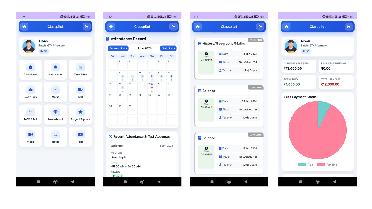 Parent communication app showing student attendance and fee notifications